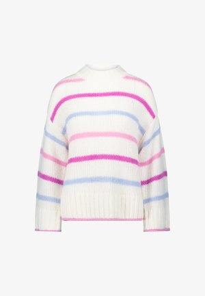 Maglione bianco lavorato a maglia con strisce orizzontali rosa, viola e blu. Presenta una scollatura tonda e polsini e orlo a coste.