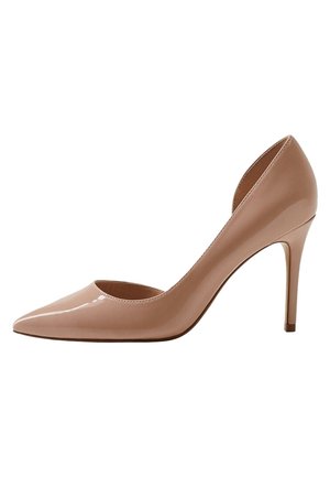 Nude patent leather high-heeled pump with a pointed toe and a sleek silhouette. Features a cutout side design and a slim, stiletto heel.