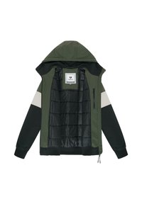Giacca con cappuccio di colore verde scuro con accenti neri e grigi chiari. Presenta maniche lunghe, una chiusura con zip e una fodera interna trapuntata nera.