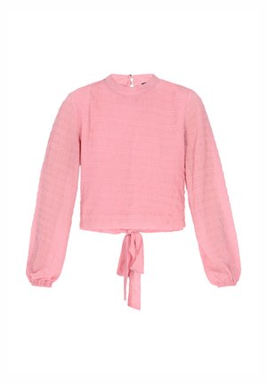 Roza, strukturirana bluza s dolgimi rokavi, visokim ovratnikom in zavezovanjem v pasu. Ima zadrgo na hrbtni strani in prešito vzorčenje po celotnem delu.