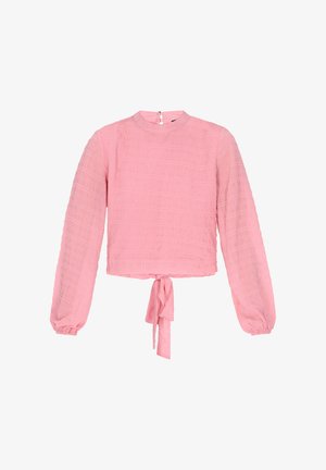 Pink, textured long-sleeve blouse with a high neck and tie at the waist. Features a rear zip closure and quilted pattern throughout.
