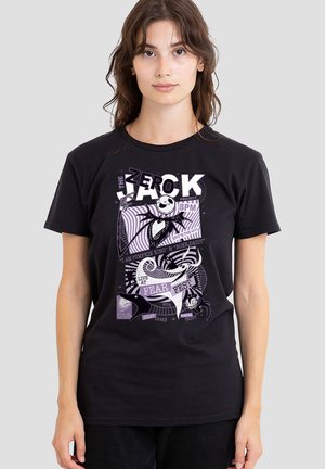 Black cotton t-shirt featuring a graphic design with text and characters in purple, showcasing a cartoonish illustration and swirling patterns.