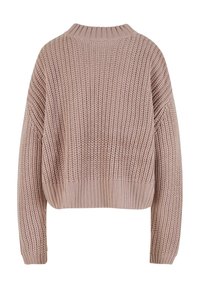 Hellrosa gestrickter Pullover mit hohem Kragen, verkürztem Schnitt, weiten Ärmeln und strukturiertem Stoffmuster.