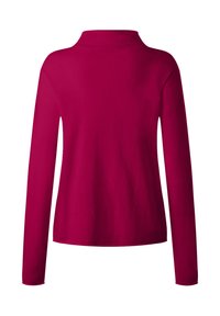 Maglietta da donna a maniche lunghe di colore rosa scuro con un colletto alto e arrotondato, vista da dietro.