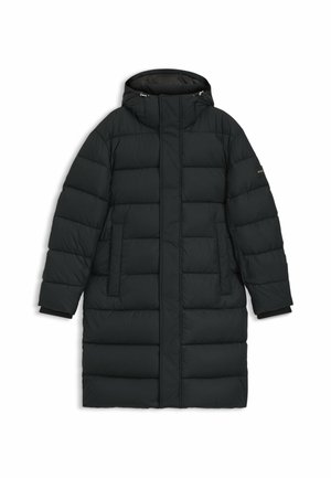 Black puffer coat with a hood, featuring a quilted design, side pockets, and a sturdy zip closure. Smooth texture and mid-length fit.