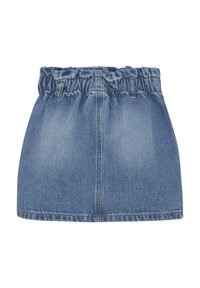 Denim minikjol med en elastisk, rynkad midja. Har en ljusblå färg, slät yta och klassisk blåjeanssömnad.