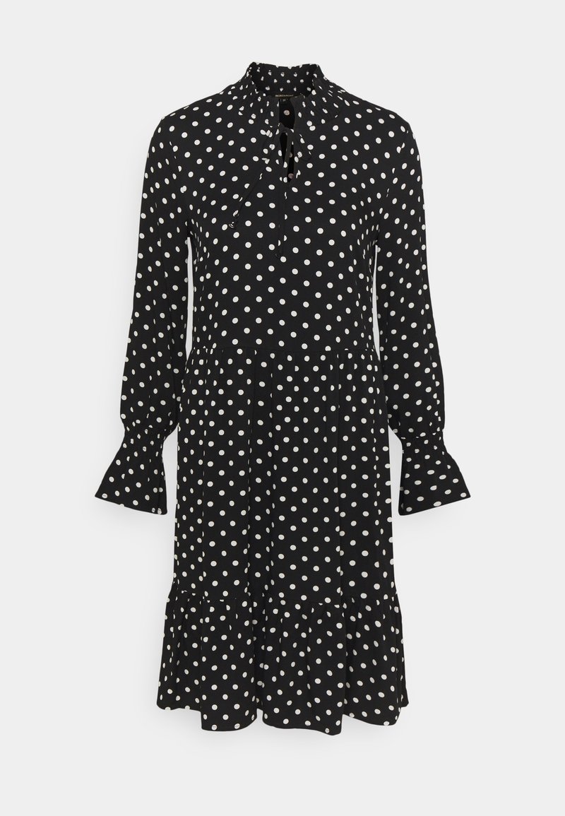Schwarz-punkted Kleid mit langen Ärmeln, hohem Kragen, Knopfverschluss, ausgestellt Rüschen und geschichteter Rüschensaum. Hergestellt aus leichtem Stoff.