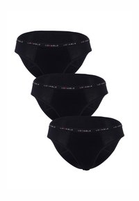 Set di tre slip neri in cotone, con un elastico in vita riportante il marchio "LOVABLE" in bianco e rosso, texture liscia e design classico.
