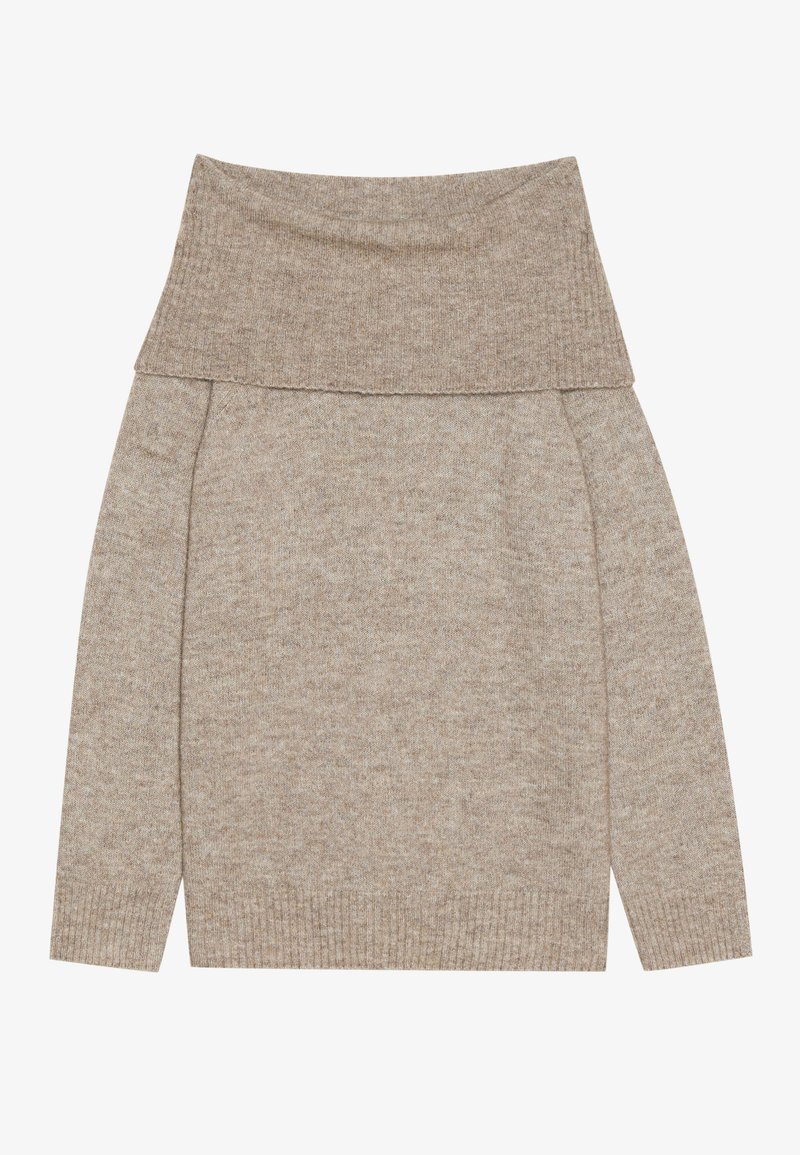 Jasnobrązowy sweter z dzianiny z szerokim, złożonym kołnierzem. Posiada długie rękawy i ribbowane mankiety. Miękka faktura, prosty design.