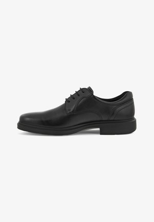 Zapato de vestir de cuero negro con punta redondeada, superficie lisa, cinco ojales para cordones y suela de goma baja para mayor tracción.