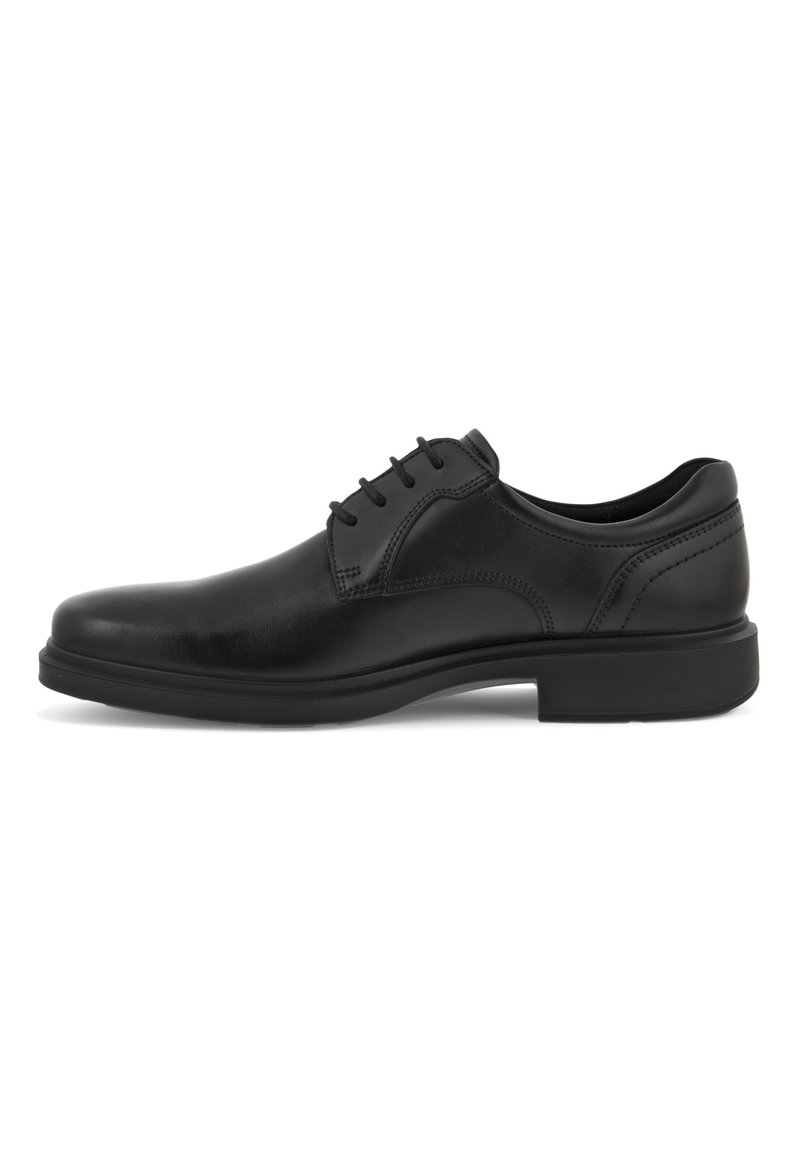 Scarpa da dress in pelle nera con punta rotonda, superficie liscia, cinque occhielli per i lacci e suola bassa in gomma per aderenza.