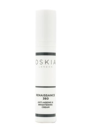 Flacon cylindrique blanc de crème anti-âge et éclaircissante Oskia Renaissance 360 avec texte noir et bandes sur fond blanc.