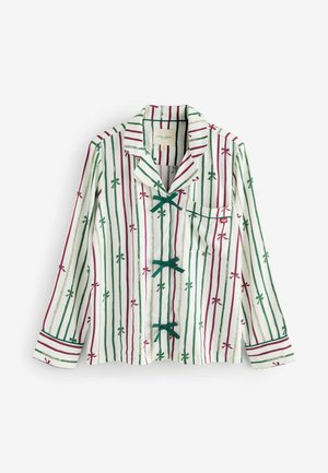 Pikkade varrukatega särk, mis on valmistatud valgest kangast, millel on punased ja rohelised triibud, väikeste suu- ja roheliste lipsu aktsentidega ees.