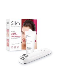 Silk'n FaceTite device in white with metal accents, accompanied by a white tube of Slider Hyaluronic Gel, against a background box.