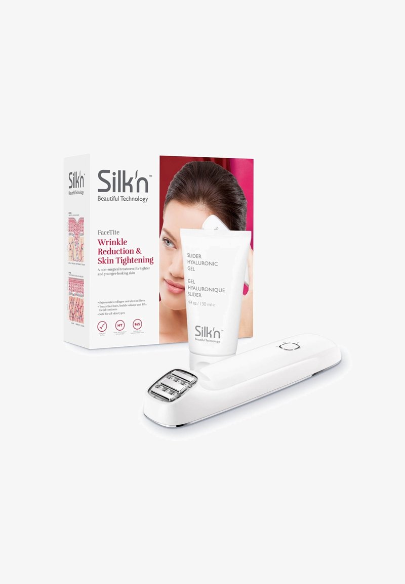 Silk'n FaceTite device in white with metal accents, accompanied by a white tube of Slider Hyaluronic Gel, against a background box.