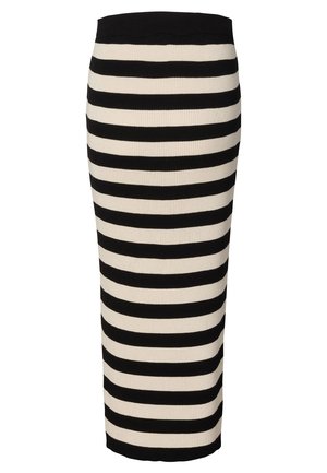 Zwart-wit horizontaal gestreepte, knielange rok met een aansluitende tailleband en geribbelde brei textuur.