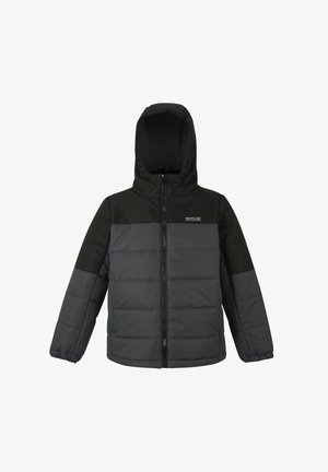 Niño con una chaqueta acolchada negra y gris con capucha, de pie y mirando ligeramente hacia un lado con una leve sonrisa.