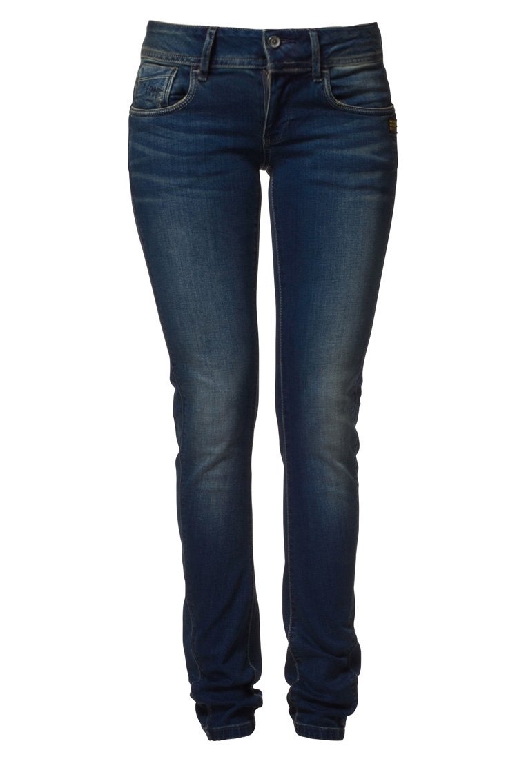 Mörkblå slim-fit jeans med fram- och bakfickor, knäppning med knapp samt subtil blekning på låren och knäna.