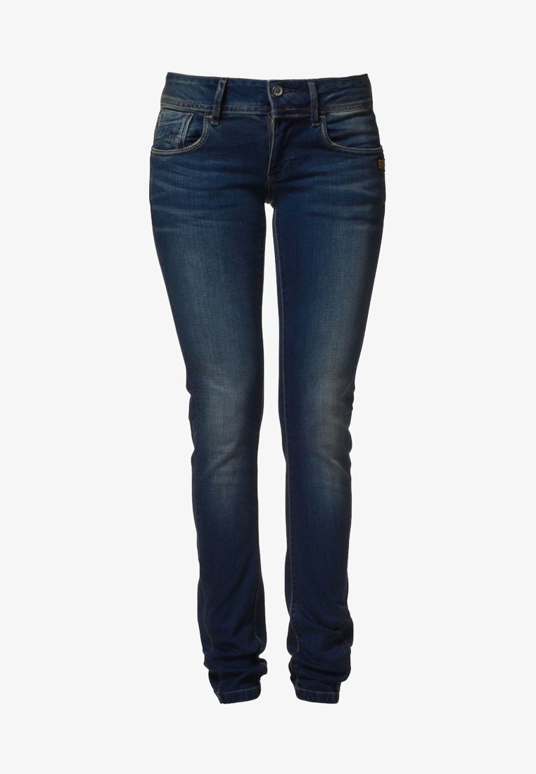 Tmavě modré slim-fit džínsy s předními a zadními kapsami, zapínáním na knoflík a jemným vyblednutím na stehnech a kolenou.