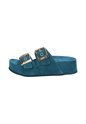 Sandalo con zeppa in camoscio blu con due fibbie regolabili color oro e soletta sagomata.