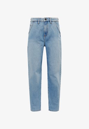 Light blue denim jeans with a high waist, straight legs, five pockets, and a button closure. Smooth texture with slight fading details.