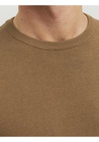 Brown knit sweater featuring a ribbed round neck. The fabric has a smooth, textured finish with a close-fitting design.