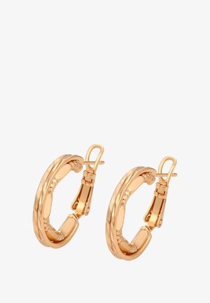 Pair of polished gold hoop earrings with twisted rope design and hinged clasps on a white background.