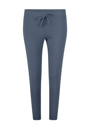 Blauwe jogger-achtige broek met een trekkoord in de taille, gemaakt van zachte, rekbare stof, met een slanke pasvorm en taps toelopend ontwerp.