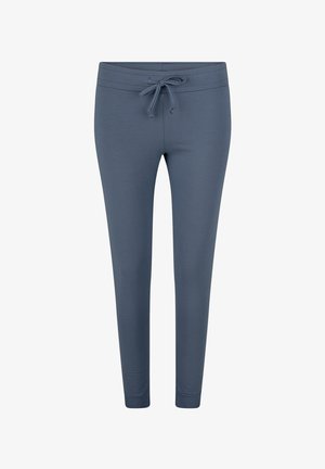 Blauwe jogger-achtige broek met een trekkoord in de taille, gemaakt van zachte, rekbare stof, met een slanke pasvorm en taps toelopend ontwerp.