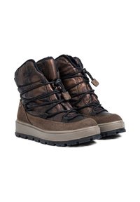 Brązowe skórzane i tekstylne botki za kostkę z czarnymi sznurowadłami, masywną podeszwą i teksturowanym wykończeniem cholewki. Wzmocniony nosek i pięta.