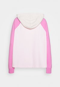 Felpa con cappuccio di colore rosa chiaro, con maniche raglan rosa brillante. Presenta un cappuccio color crema e un tessuto morbido e testurizzato.
