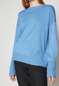 Pull bleu clair en tricot doux, avec une coupe décontractée, des poignets côtelés et un ourlet subtilement marqué. Assorti à un pantalon noir.