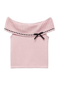 Růžový top s odhalenými rameny, žebrovaným výstřihem, černým lemováním a malým černým mašličkovým detailem. Přiléhavý střih s jemnou strukturou.