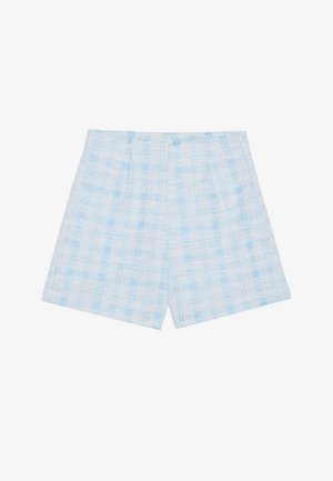 Svetlo modré kockované šortky vyrobené z textúrovanej tkaniny, s voľným strihom a skladaním pre dodatočný detail.