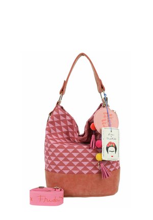 Pink-braune Schultertasche mit Muster, abnehmbarem pinkfarbenem Riemen, dekorativen Quasten, Pompons und Frida Kahlo-Themenanhängern.