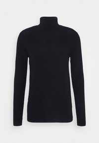 Suéter de cuello alto de manga larga negro con diseño ajustado sobre un fondo gris claro liso.