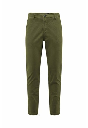 Olijfgroene broek van gladde stof, met een knoopsluiting, voorzakken en een taps toelopend ontwerp.
