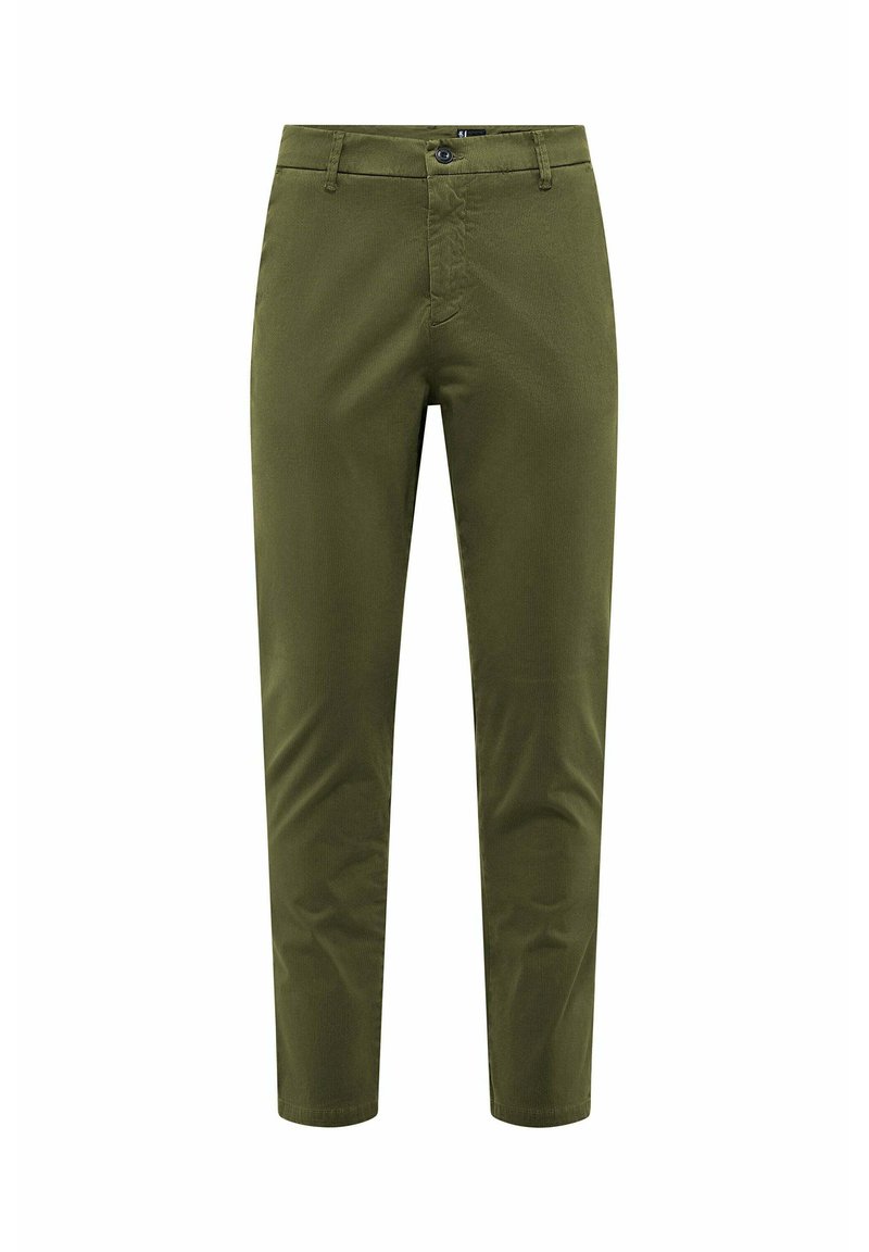 Olivgrüne Hose aus glattem Stoff mit Knopfverschluss, Fronttaschen und schmal zulaufendem Beinschnitt.