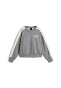 Gray sweatshirt with light gray panel accents, ribbed cuffs, and hem. Features a round Vans logo on the chest. Soft, textured fabric.