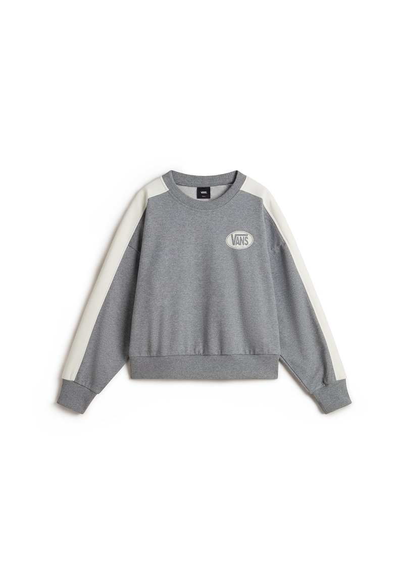 Gray sweatshirt with light gray panel accents, ribbed cuffs, and hem. Features a round Vans logo on the chest. Soft, textured fabric.