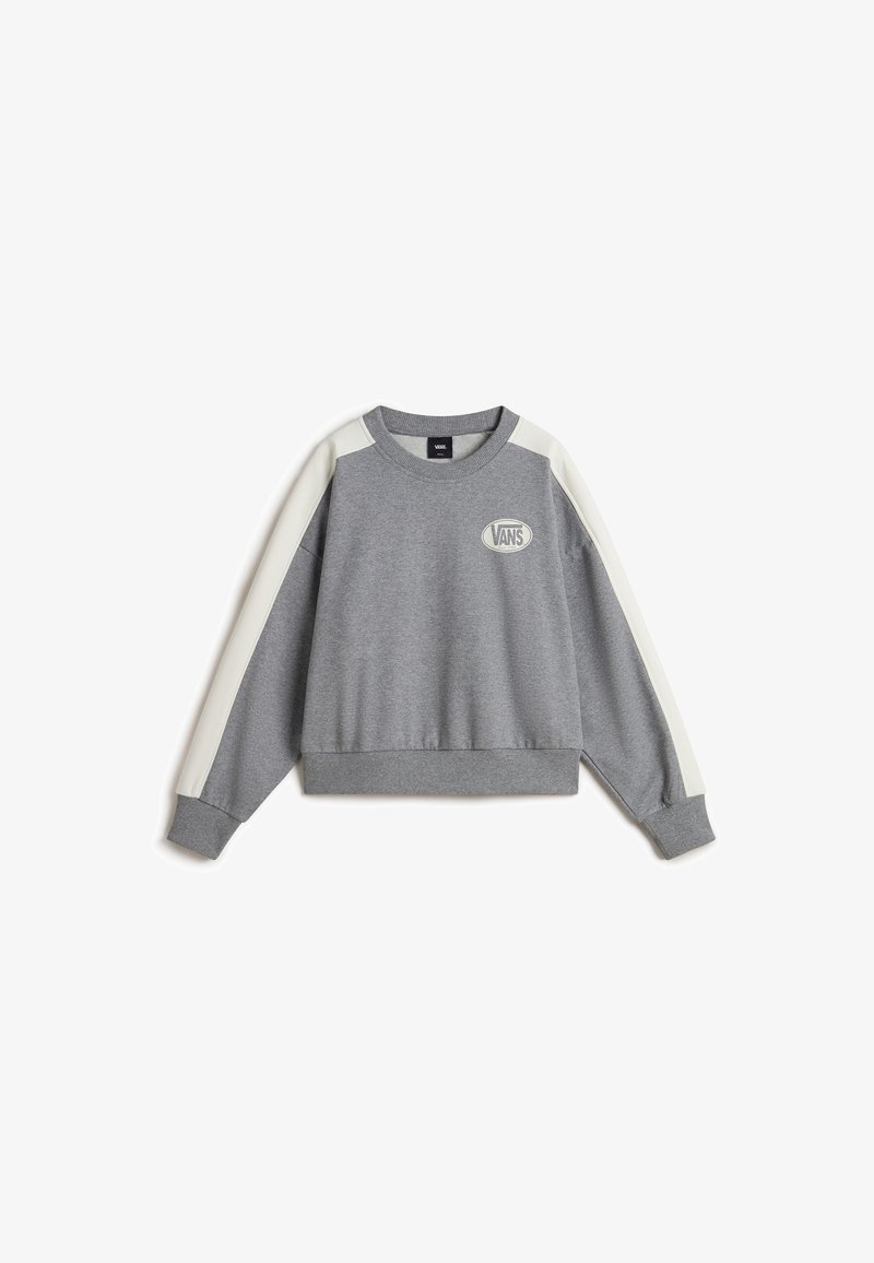 Gray sweatshirt with light gray panel accents, ribbed cuffs, and hem. Features a round Vans logo on the chest. Soft, textured fabric.