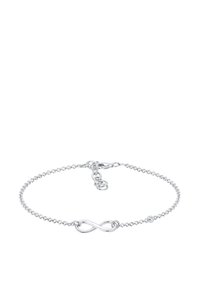 Silverfärgad kedjebracelet med en oändlighetssymbol som mittpunkt, delikata länkar och ett kräftklämma med justerbar längd.