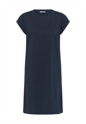 Vestito casual blu navy a maniche corte con polsini risvoltati e scollo tondo, lunghezza al ginocchio, realizzato in tessuto morbido.