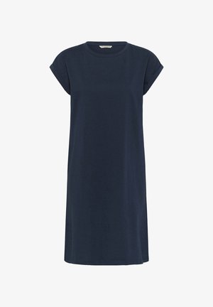 Navy blauwe casual jurk met korte mouwen, omgeslagen manchetten en een ronde hals, knie lang, gemaakt van zachte stof.