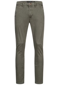 Pantalon homme slim fit vert olive avec bouton devant, fermeture éclair, passants de ceinture et poches latérales.