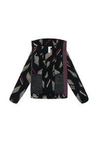 Fleecejacke mit schwarzem Grundton, die ein mehrfarbiges, abstraktes Muster in Creme, Burgunderrot und Grau aufweist. Beinhaltet zwei Fronttaschen.