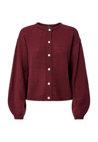 Burgundy stickad kofta med rund halsringning, knappar framtill och överdimensionerade ärmar. Gjord av mjukt, texturerat material.