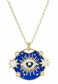 Collana con pendente d'oro caratterizzata da una base circolare blu con un disegno centrale a forma di occhio, circondato da stelle bianche e raggi dorati, con un accento di diamante.