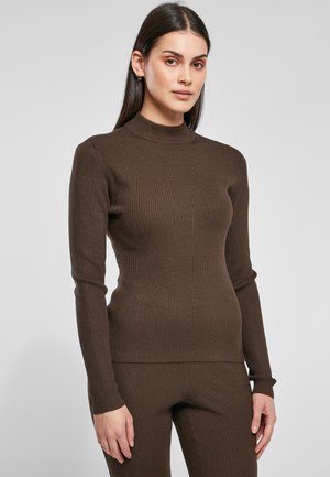 Brun ribbestrikket langermet topp med høy hals. Tøyet har et teksturert mønster og en tettsittende design, supplert med slanke ermer.