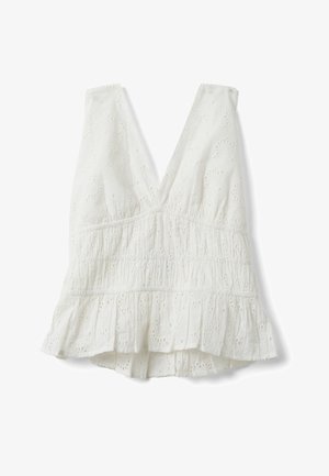 Blusa blanca sin mangas con escote en V profundo, cintura fruncida elástica, bordado de ojales y detalle de volante en el dobladillo.